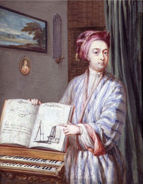 Portrait of Brook Taylor, holding his book on linear perspective, watercolor on vellum on card, attr. to Louis Goupy, 1720, National Portrait Gallery, London (npg.org.uk)