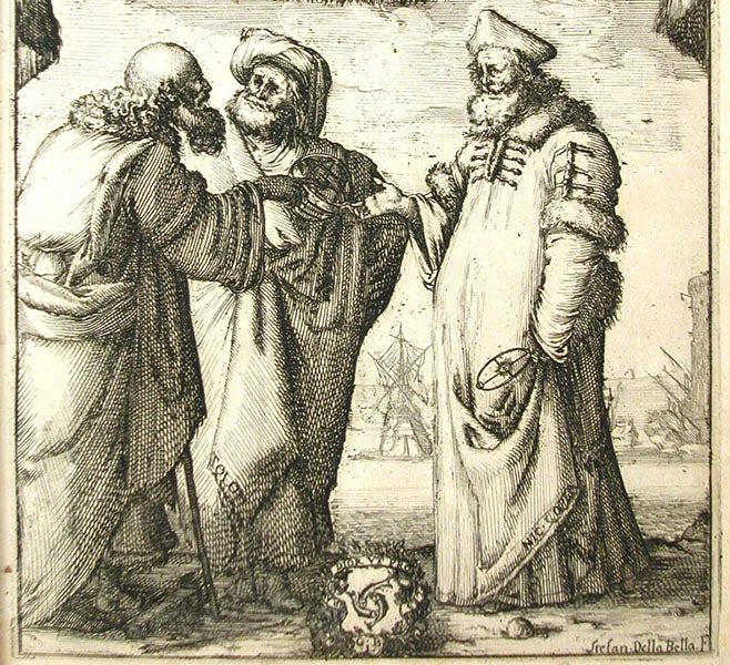 Detail of frontispiece of Galileo Galilei’s Dialogo, depicting Aristotle, Ptolemy and Copernicus (left to right), engraving by Stefano della Bella, 1632 (Linda Hall Library)