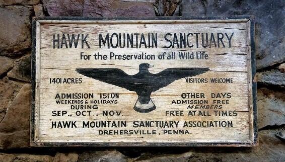 Original sign at entrance to Hawk Mountain (cboplaudubon.org)