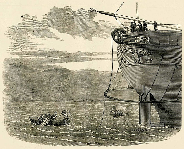 Landing the western end of the first Atlantic Cable from the USS Niagara in Trinity Bay, Newfoundland, Aug. 5, 1858, Frank Leslie’s Illustrated Newspaper, Sept. 11, 1858, reproduced on atlantic-cable.com (atlantic-cable.com)