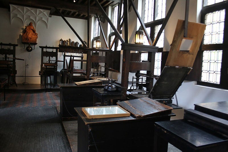 Some of the surviving printing presses of Christophe Plantin and his successors, recent photograph, Plantin-Moretus Museum, Antwerp (Wikimedia commons)