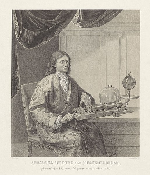 Portrait of Johan Joosten van Musschenbroek, engraving, 19thh c., after painting by Pieter van Slingelandt, Rijksmuseum, 1686 (Wikimedia commons)