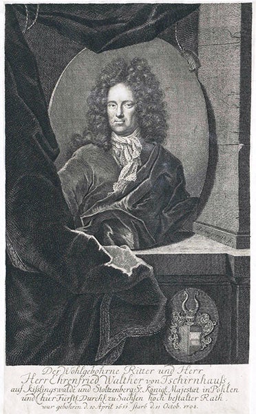 Portrait of Ehrenfried Walther von Tschirnhaus, attributed to Martin Bernigeroth, undated, Dresden Kupferstichkabinett (Wikimedia commons)