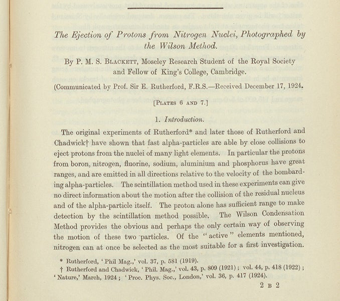 First paragraph of “The ejection of protons by nitrogen nuclei, photographed by the Wilson method,” by Patrick M.S. Blackett, Proceedings of the Royal Society of London, vol. A107, 1925 (Linda Hall Library)