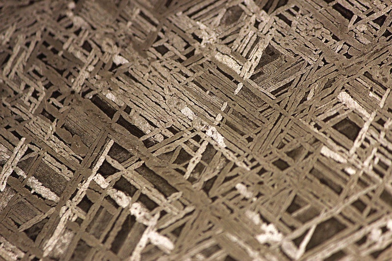Etched piece of the Gibeon meteorite, found in Nambia in 1836, revealing the Widmanstätten pattern (James H on flickr)