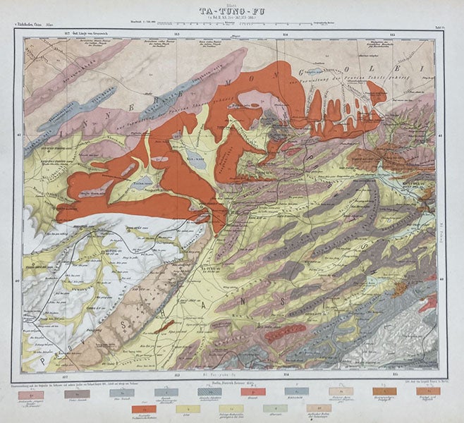 Geological map of Ta-Tung-Fu, hand-colored engraving in China: Ergebnisse eigener Reisen und darauf gegründeter Studien, by Ferdinand von Richthofen, Atlas vol. 1, plate 14, 1877-1912 (Linda Hall Library)