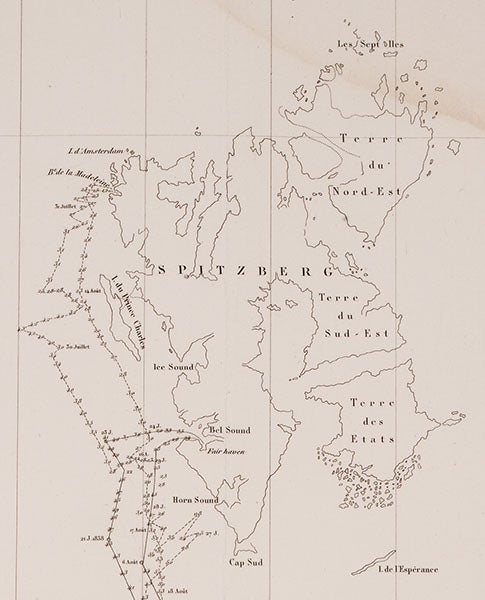 Detail of map of the voyage of Recherche, 1838-40, showing Spitzbergen, engraving from Joseph-Paul Gaimard, Voyages … en Scandinavie, en Laponie, au Spitzberg et aux Feröe, 1840-55 Atlas geologique (Linda Hall Library)