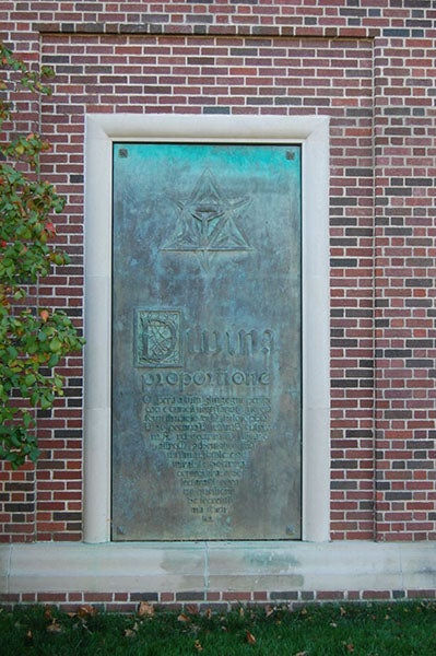Bronze plaque depicting Library’s copy of Divina proportione, by Luca Pacioli, cast by Bruno Bearzi of Florence, installed with 5 others in 1967 on Library annex exterior (recent photo by author)