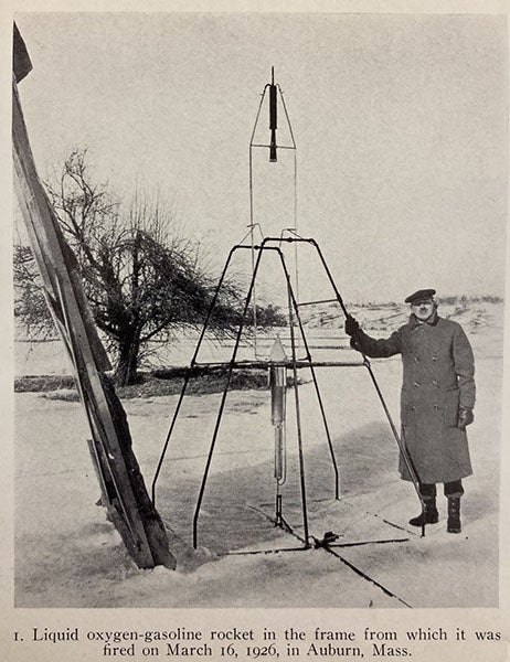 Famous photograph of Robert Goddadd with his first rocket, launched Mar. 16, 1926, “Liquid-Propellant Rocket Development,” by Robert H. Goddard, Smithsonian Miscellaneous Collections, plate 1, fig. 1, vol. 95, no. 3, 1919 (The Linda Hall)