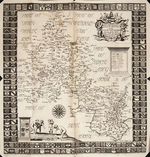 “The Map of Oxford-shire,” by Robert Plot, double-page engraved plate in his Natural History of Oxford-shire, 1676 (Linda Hall Library)