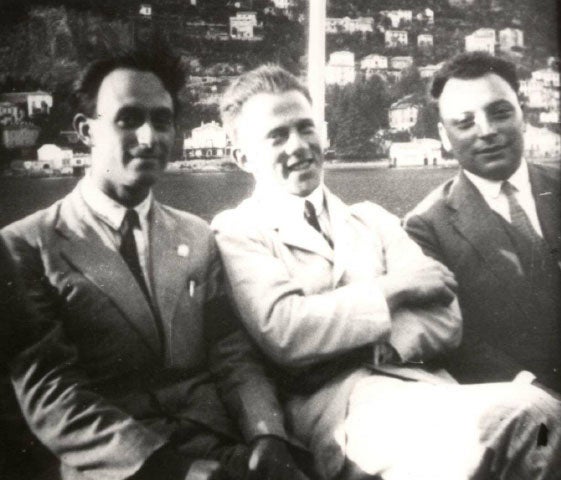 Enrico Fermi (left), Werner Heisenberg (center) and Wolfgang Pauli at Lake Como in 1928 (American Institute of Physics)
