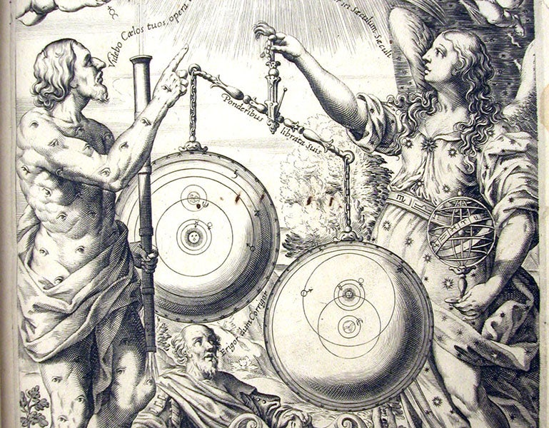 The Copernican system being “weighed” against a modified Tychonic system and coming up short, detail of the engraved frontispiece, Almagestum novum, by Giovanni Battista Riccioli, vol. 1, 1651 (Linda Hall Library)