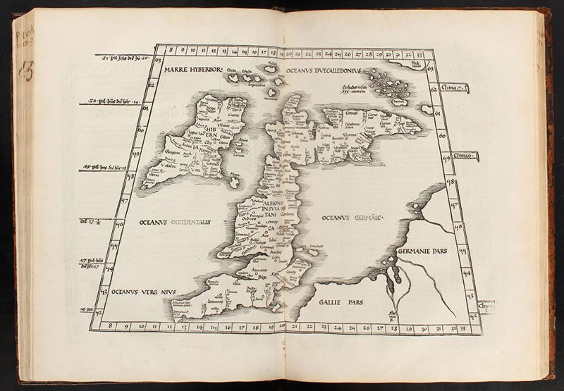 Britannia, regional map, Europe I, woodcut, Geographicae enarrationis libri octo, by Ptolemy of Alexandria, 1525 (Linda Hall Library)