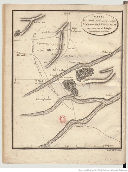 Map of strewnfield of meteorite fall at l’Aigle, Apr. 26, 1803, hand-colored frontispiece to Relation d'un voyage fait dans le département de l'Orne, pour constater la réalité d'un météore observé ą l'Aigle le 6 floréal an 11, by Jean-Baptiste Biot, 1803, Bibliothèque nationale de France (gallica.bnf.fr)