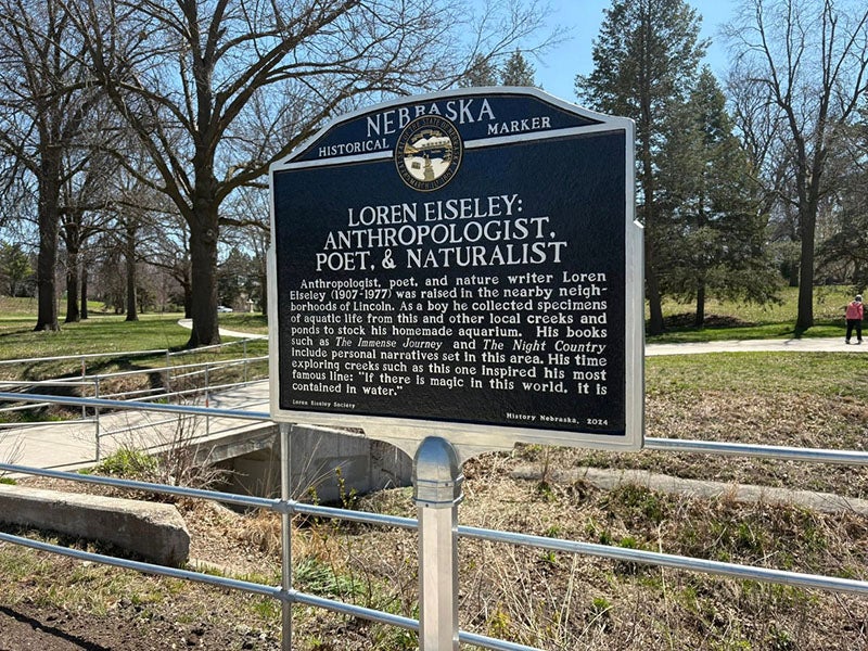Historical marker for Loren Eiseley, in Lincoln, Nebraska, near where Eiseley was born and grew up, modern photograph, Facebook (facebook.com/LorenEiseleySociety)