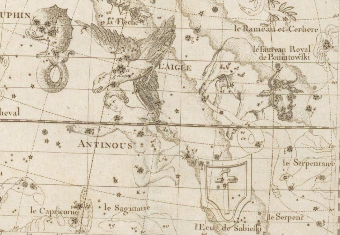 Aquila, Antinous, and Scutum. Image source: Flamsteed, John. Atlas celeste. "Troisieme edition." Paris, 1795, pl. 10.