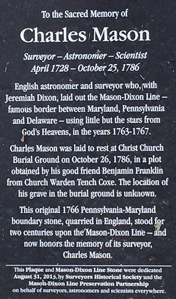 Plaque in Christ’s Church burial ground, Philadelphia, honoring Charles Mason (findagrave.com)