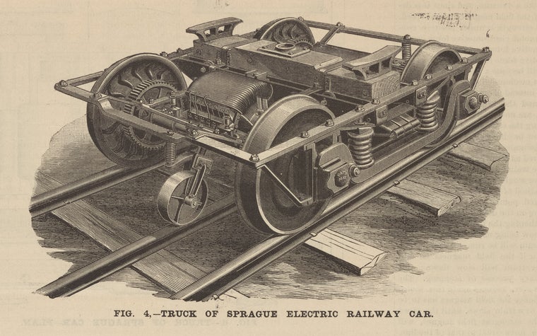 A Sprague motorized truck for an electric railway car, this one modified for third-rail operation, photograph from a scrapbook, Frank J. Sprague Collection, New York Public Library (digitalcollections.nypl.org)