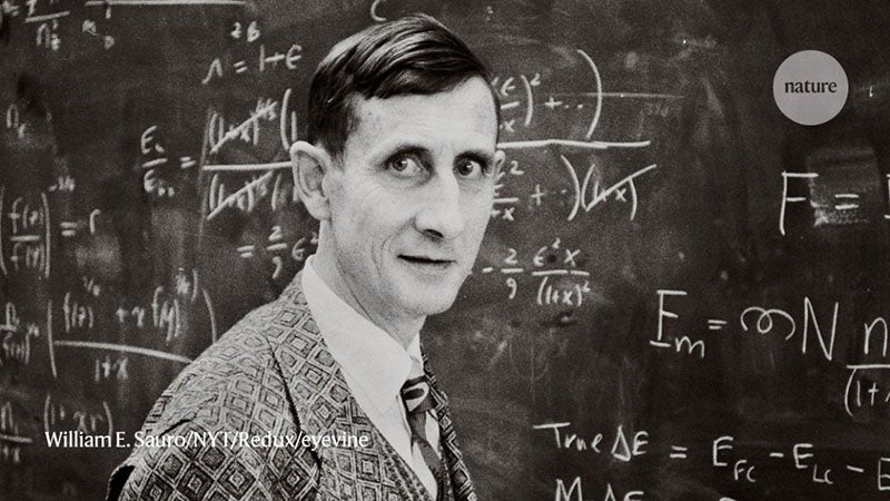 A younger Freeman Dyson at the blackboard, photograph, undated (nature.com)