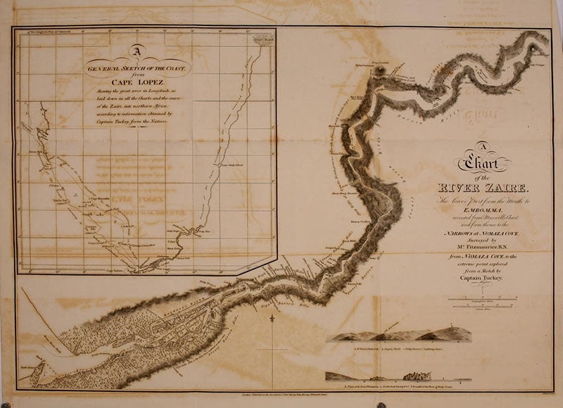 Map of the mouth of the Congo River, frontispiece engraving, Narrative of an Expedition to Explore the River Zaire, usually called the Congo, in South Africa, in 1816, by James Tuckey and Christen Smith, 1818, copy at University of California Libraries (biodiversitylibrary.org)