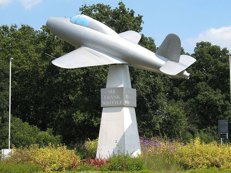 A monument to Frank Whittle and the Gloster E.28/29, the first turbojet-powered aircraft to fly; it sits in a roundabout hear the former headquarters of the RAE at Farnborough, Hampshire (Wikimedia commons)