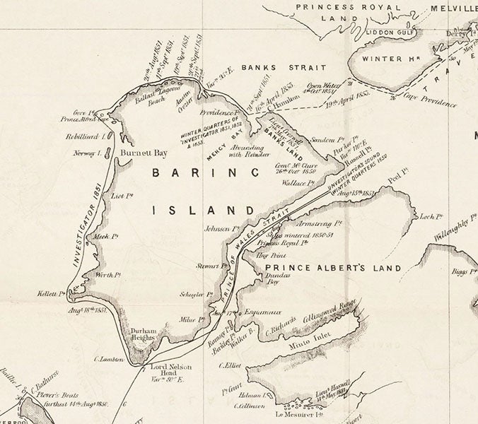Baring Island (now Banks Island), showing various winter locations of HMS Investigator, detail of map of a Northwest passage, by Edward Augustus Inglefield, Papers Relative to the Recent Arctic Expeditions in Search of Sir John Franklin and the Crews of H.M.S. “Erebus” and “Terror” (an Arctic Blue Book), bound in at end, 1854 (The Linda Hall)