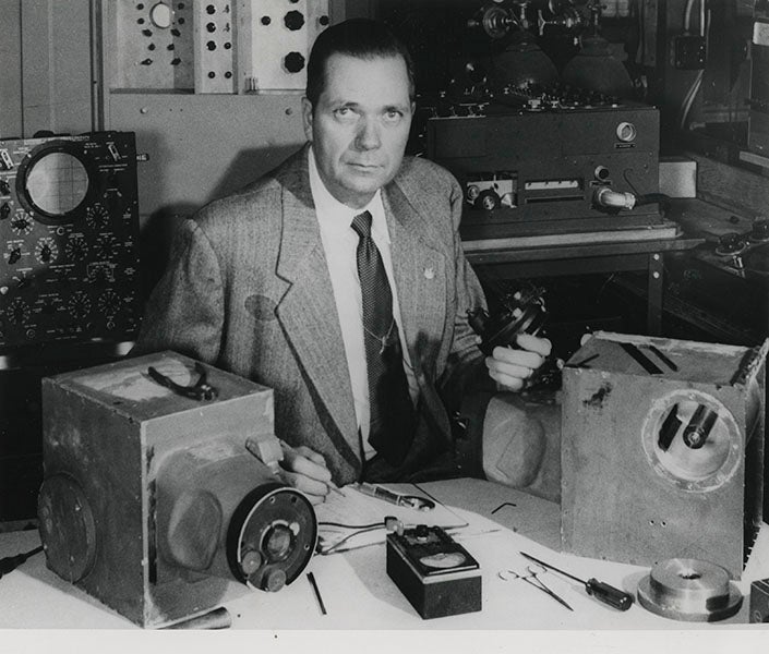 Clyde Holliday with two of his rocket-borne cameras, undated photograph, but shortly after 1946, sold at auction at Christies, 2020 (onlineonly.christies.com)