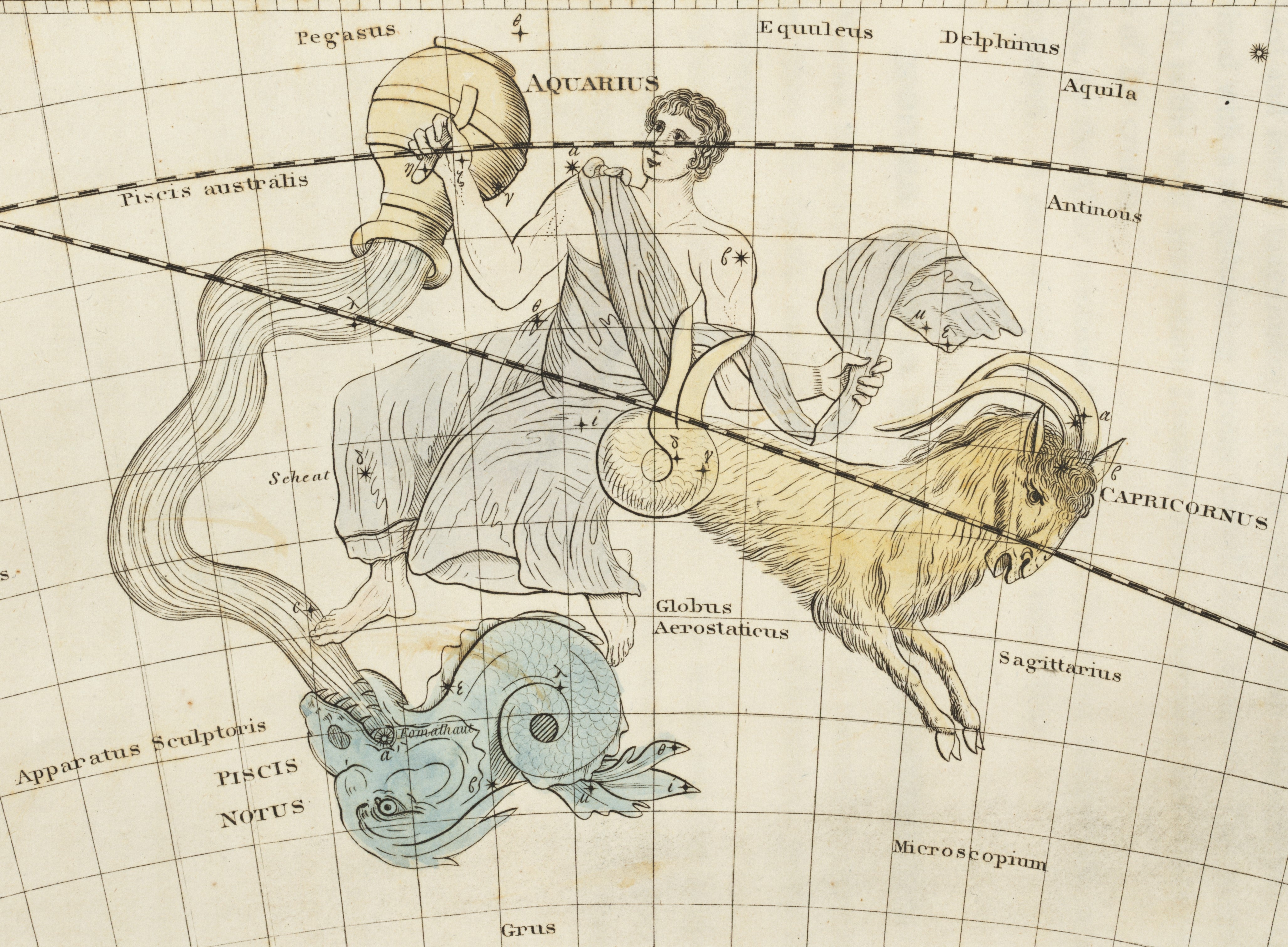 Aquarius and Capricorn. Image source: Green, Jacob. Astronomical Recreations; or Sketches of the Relative Position and Mythological History of the Constellations. Philadelphia: A. Finley, 1824, pl. 14.