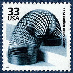 Postage stamp honoring the Slinky of the 1940s, issued by the USPS in 1999, in the series, “Celebrate the Century,” National Postal Museum, Smithsonian Institution (si.edu)