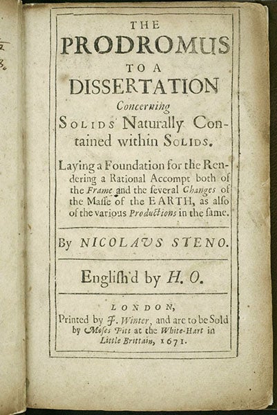 Title page, The Prodromus to a Dissertation, by Nicolaus Steno, “English’d by H.O.” [Henry Oldenburg], 1671 (Linda Hall Library)
