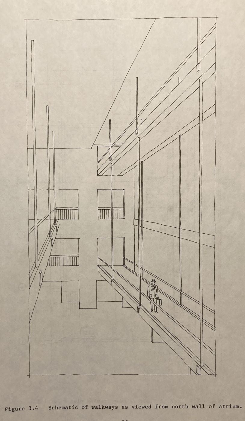 Schematic of the Hyatt Regency atrium interior before the collapse; the two walkways on the right were the ones that failed, Investigation of the Kansas City Hyatt Regency Walkways Collapse, National Bureau of Standards, U.S. Dept. of Commerce (NBSIR 82-2465), p. 19, 1982 (Linda Hall Library)