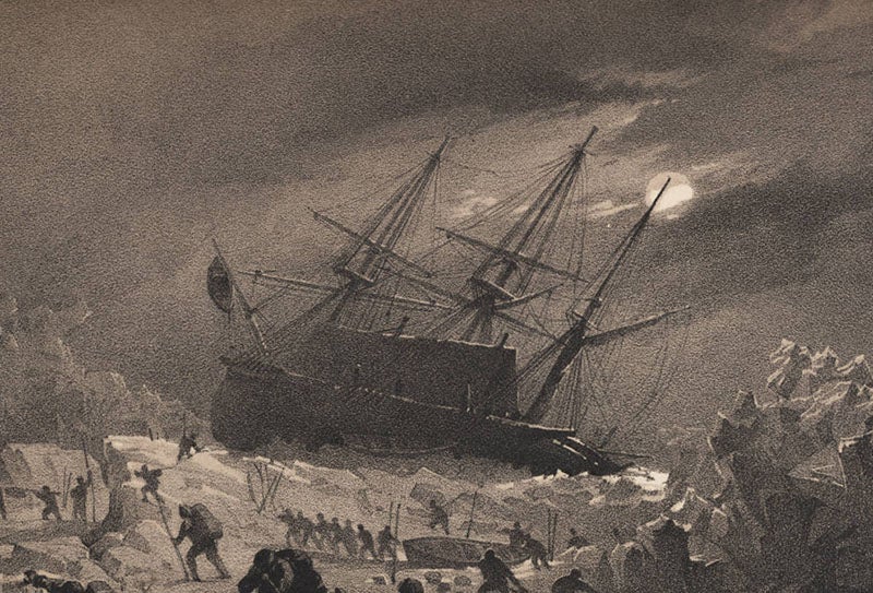 HMS <i>Terror</i> in danger in the ice, by moonlight, engraving by George Back in his <i>Narrative of an Expedition in H.M.S.</i> Terror, 1838 (Linda Hall Library)