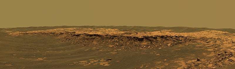 Panorama of a rock outcropping on the rim of Erebus crater, taken by Opportunity, 2006 (Wikimedia commons)