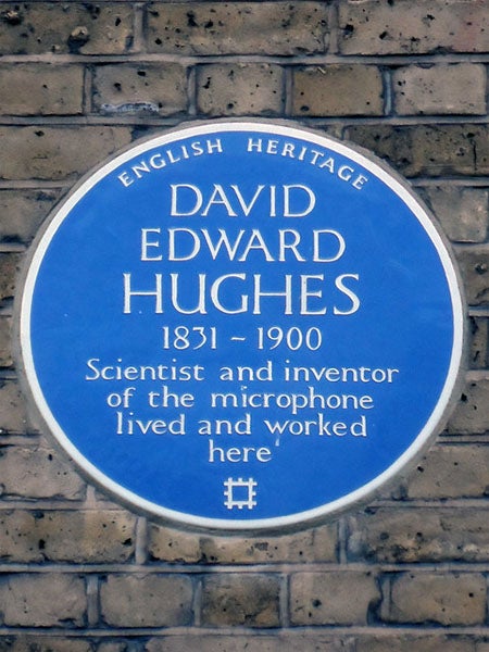 Blue plaque honoring David Edward Hughes and his invention of the microphone outside his former home, 84 Great Portland Street, Westminster (openplaques.org)