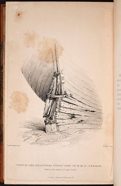 “View of the fractured stern-post of H.M.S. Terror, taken on the beach at Lough Swilly [Ireland],” detail of a lithograph based on a drawing by William Smyth, in Narrative of an Expedition in H.M.S. Terror … in the years 1836-7, by George Back, 1838 (Linda Hall Library)