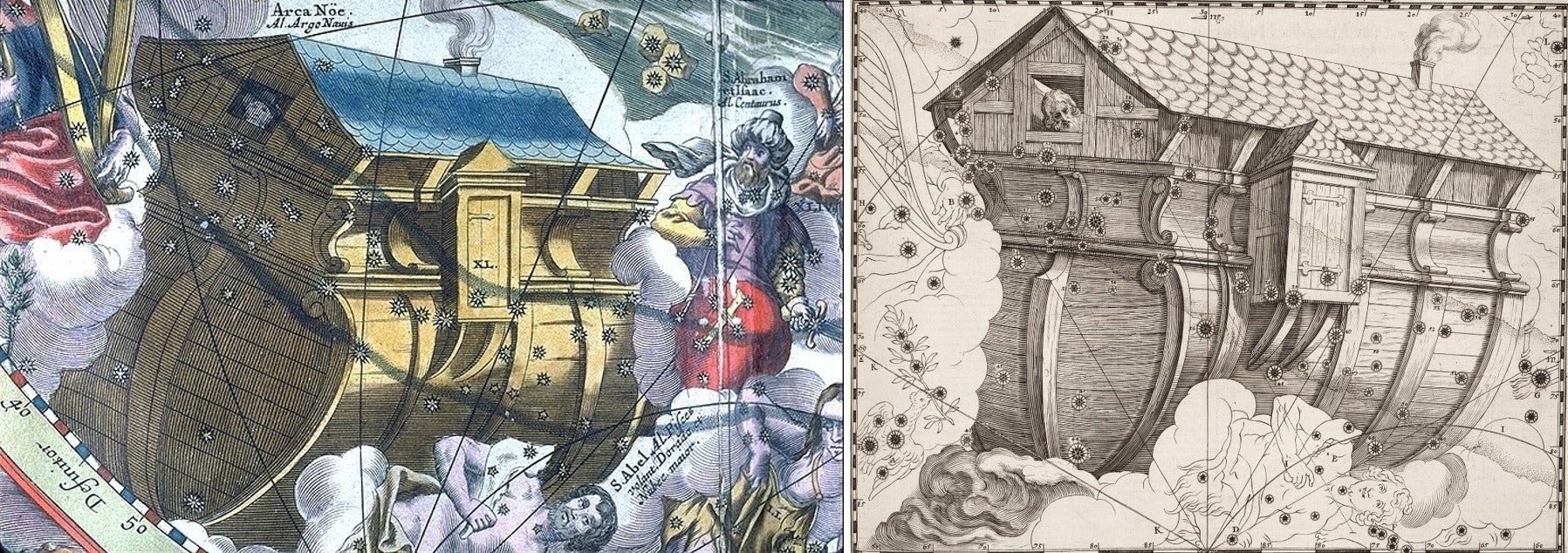 L: Noah’s Ark by Andreas. Image source: Cellarius, Andreas. Harmonia macrocosmica. Amsterdam, 1661, pp. 160-161.

R: Noah’s Ark by Julius. Image source: Schiller, Julius. Coelum stellatum Christianum. Augsburg, 1627, pl. 40. 
