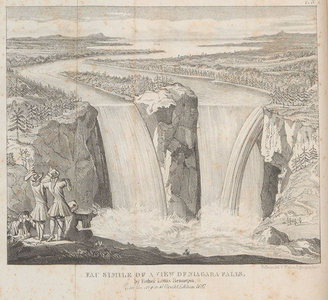 Facsimile of a view of Niagara Falls, by Father Hennepin, 1697, lithograph in Travels in North America, by Charles Lyell, vol. 1, plate 4, London, 1845 (Linda Hall Library)