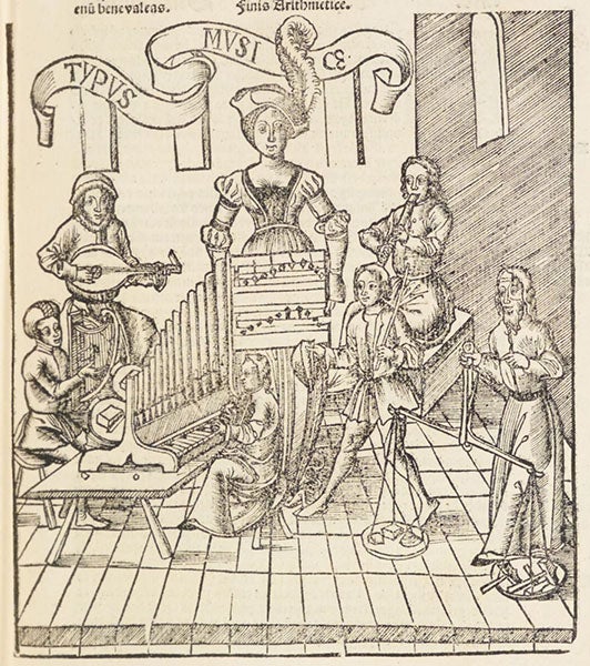 Allegory of Music, the fifth of the seven liberal arts, slightly cropped, woodcut in Margarita philosophica cu[m] additionibus nouis, by Gregor Reisch, 1517 (Linda Hall Library)