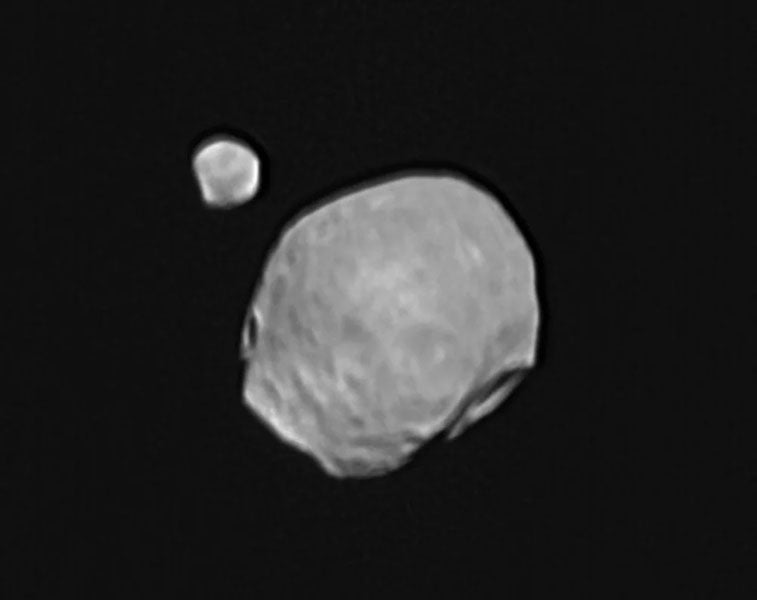 Martian moons Phobos (closest) and Deimos, photographed together for the first time by the ESA Mars Express orbiter, Nov. 5, 2009 (nbcnews.com)