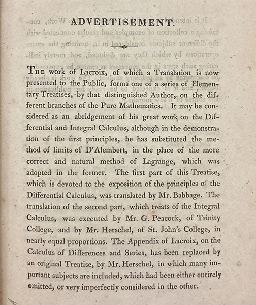 Advertisement, An Elementary Treatise on the Differential and Integral Calculus, by S.F. Lacroix, tr. by George Peacock et al., 1816 (Linda Hall Library)