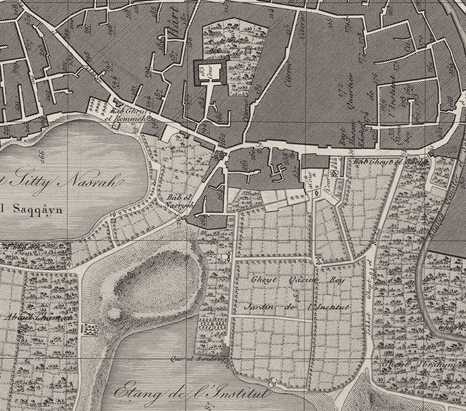 Detail of map of Cairo, showing gardens of Hasân Kâchef and Qasim Bey, where the Institute of Egypt was housed, engraving in Description de l’Égypte.  État modern.  Planches, vol. 1, pl. 26, 1809-1828 (Linda Hall Library)