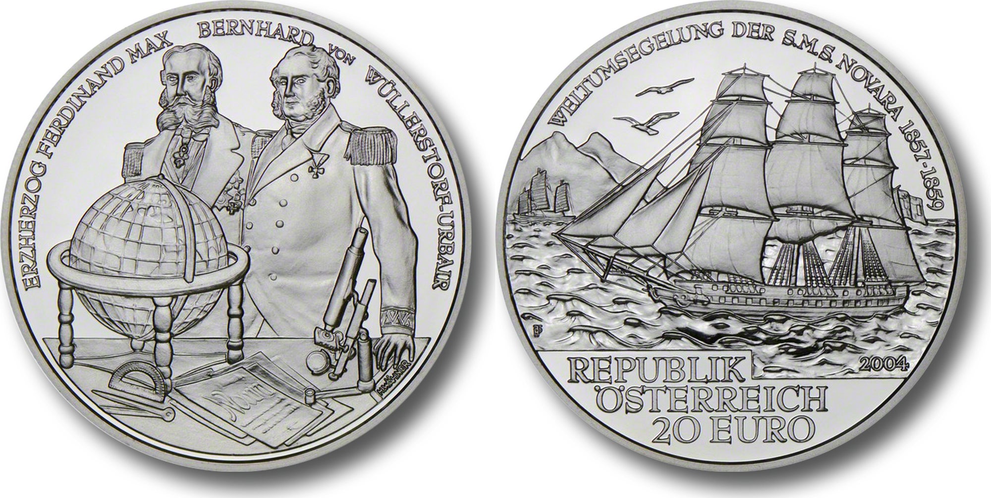 2004 Austrian euro coin, with Wüllerstorf-Urbair on the front and the Novara on the verso (img.ma-shops.com)