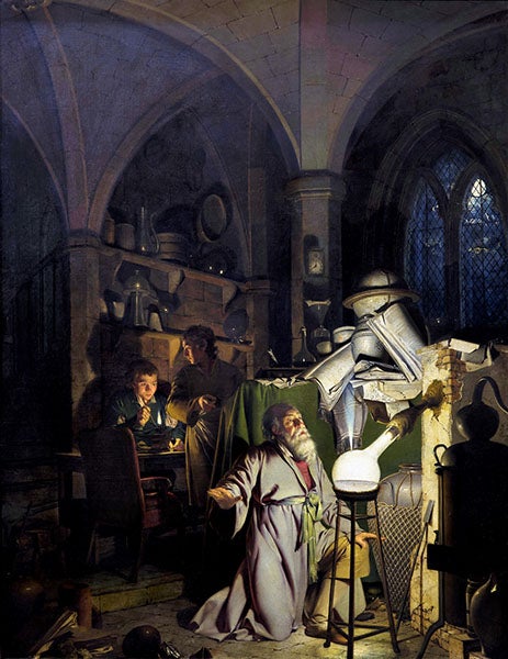 The Alchymist, in Search of the Philosopher's Stone, Discovers Phosphorus, oil on canvas, by Joseph Wright, 1771, Derby Museum and Art Gallery (Wikimedia commons)