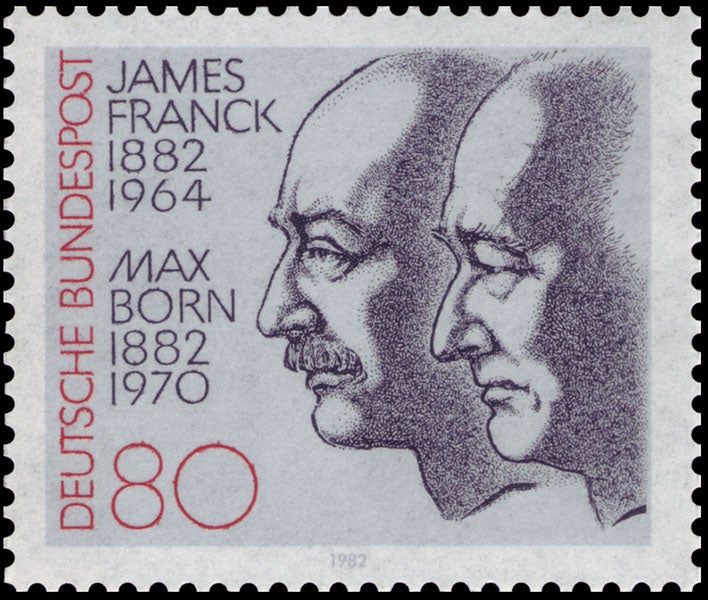 Postage stamp, issued in 1982 by the German <i>Bundespost</i> to honor the centennial of the births of James Franck and Max Born (Wikimedia commons)