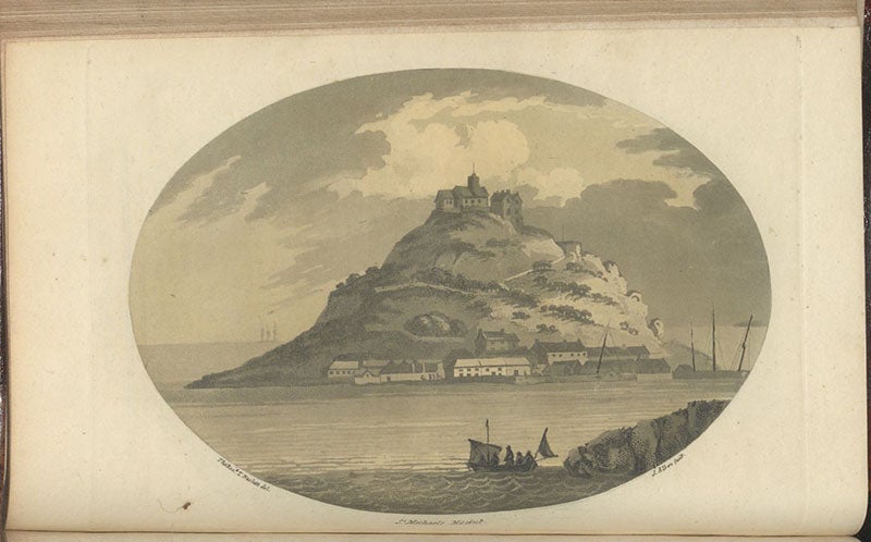 Saint Michael Mount, aquatint by Samuel Alken after drawing by Thomas Rackett, in Observations Relative Chiefly to the Natural History, Picturesque Scenery, and Antiquities, of the Western Counties of England, by Willam George Maton, vol. 1, p. 196, 1797.