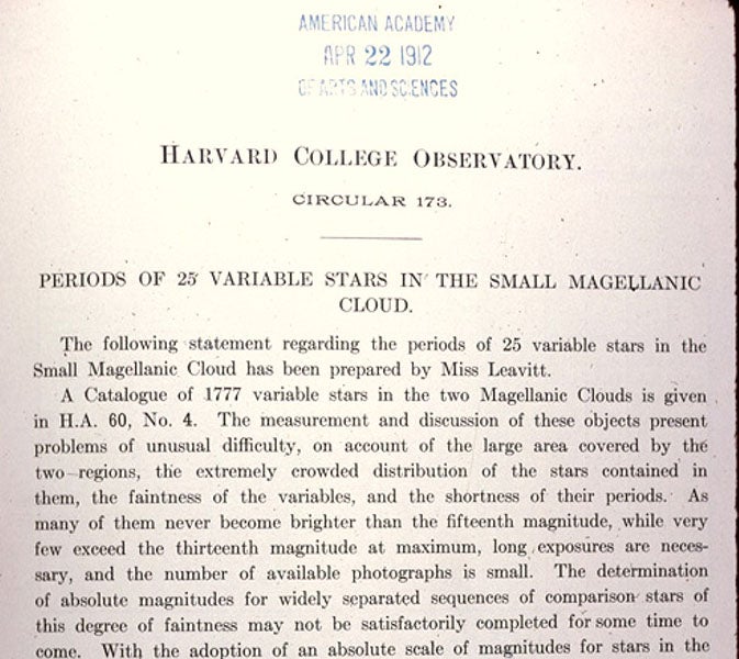 First page of paper by Henrietta Swan Leavitt, “Periods of 25 variables in the Small Magellanic Cloud,” under the byline of Edward Pickering, Harvard College Observatory Circular no. 173, 1912 (Linda Hall Library)