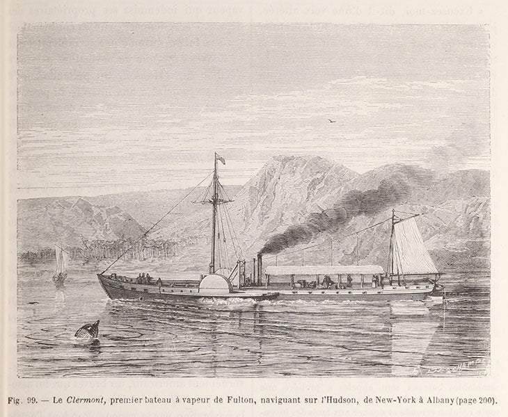The Clermont (North River) of Robert Fulton steaming up the Hudson River, wood engraving in Louis Figuier, Merveilles de la Science, vol. 1, 1867 (Linda Hall Library)