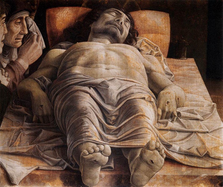 Lamentation over the Dead Christ, tempera on panel, by Andea Mantegna, 1490, Brera Art Gallery, Milan (wga.hu)
