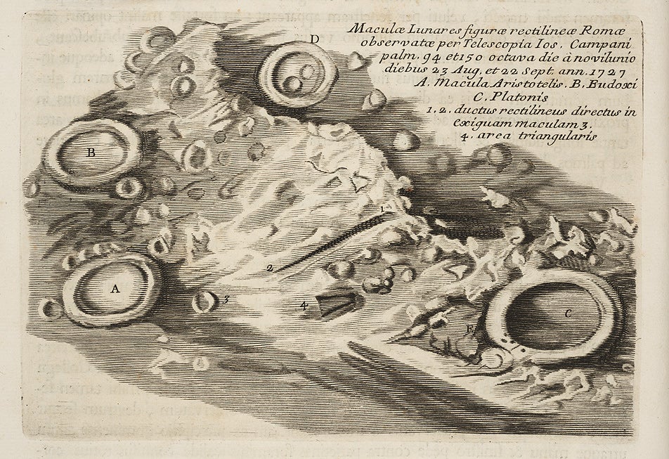This small engraving, which appears in the text as part of the introductory chapter, shows the crater Plato at the right, with Aristotle and Eudoxus at left, and the mountain range of the Alps cut by the dramatic slash of the Alpine valley. 