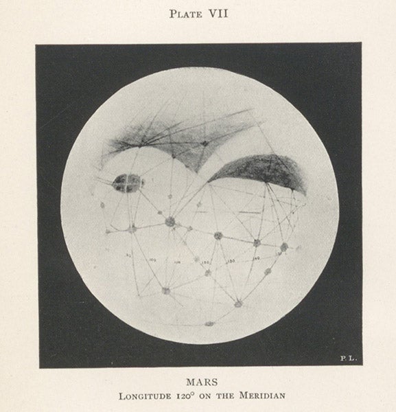 Mars at 120° longitude, showing the Solis Lacus feature, drawing by Percival Lowell, in Mars, by Percival Lowell, plate 7, 1895 (Linda Hall Library)